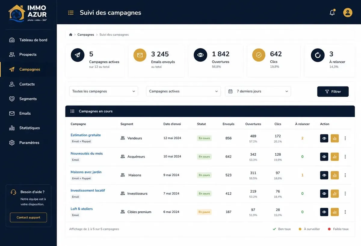 Écran des campagnes du CRM Immo Azur : segments de prospection, campagnes programmées et suivi des réponses.